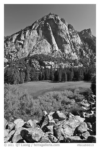 High granite walls above lush meadow. Kings Canyon National Park (black and white)