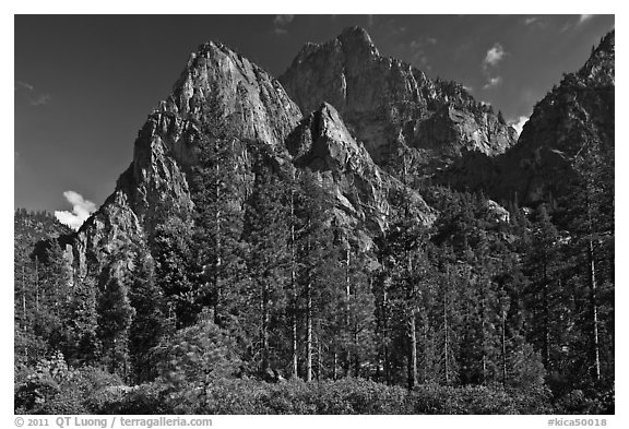 Avalanche Peak and Grand Sentinel raising from Cedar Grove valley. Kings Canyon National Park (black and white)