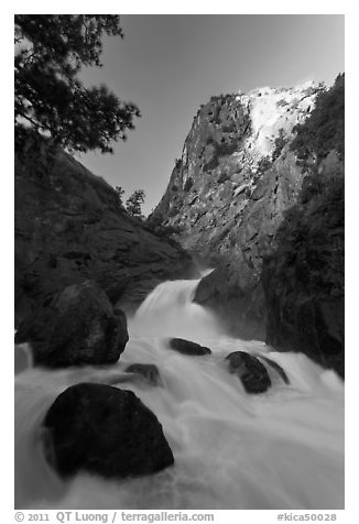 Roaring River Falls below high granite cliff. Kings Canyon National Park (black and white)