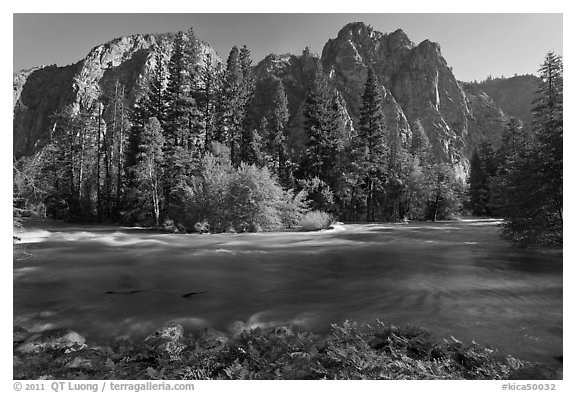 Kings River flowing at the base of high cliffs. Kings Canyon National Park (black and white)