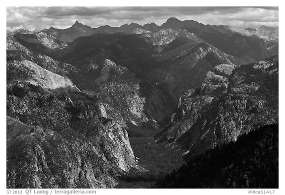 Glacial valley from above, Cedar Grove. Kings Canyon National Park (black and white)