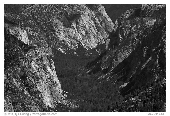 Valley carved by glaciers from above, Cedar Grove. Kings Canyon National Park (black and white)