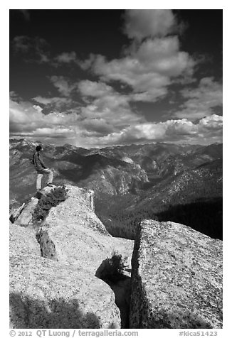 Hiker taking in view from Lookout Peak. Kings Canyon National Park (black and white)