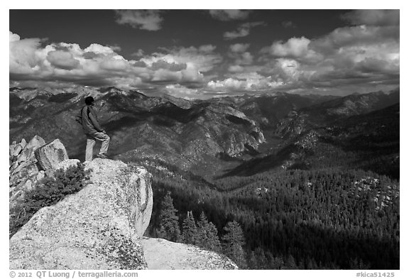 Park visitor looking, Lookout Peak. Kings Canyon National Park (black and white)