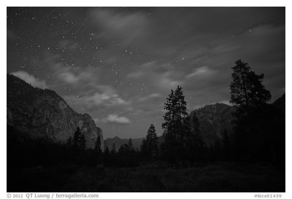 Cedar Grove valley at night. Kings Canyon National Park (black and white)