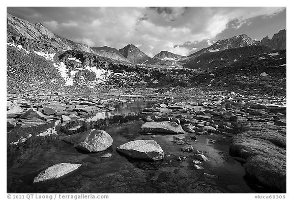 Alpine tarn below Forester Pass. Kings Canyon National Park (black and white)