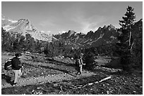Women Backpackers approaching Kearsarge Pinnacles. Kings Canyon National Park ( black and white)