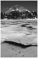 Ice break up in lake Helen and Lassen Peak, early summer. Lassen Volcanic National Park ( black and white)