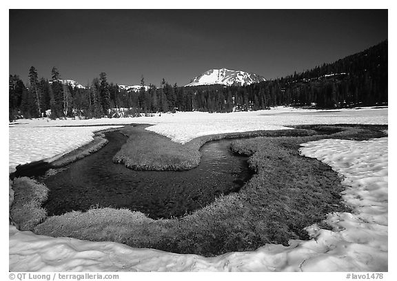 Stream in partly snow-covered Kings Creek meadows, morning. Lassen Volcanic National Park (black and white)