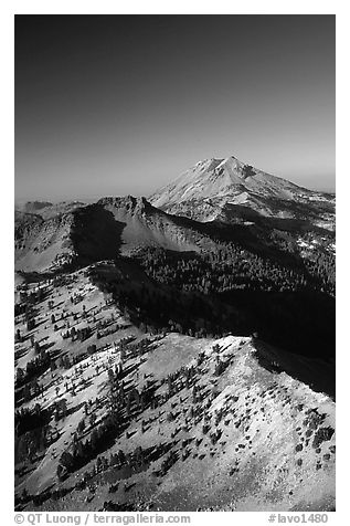 Mt Diller, Pilot Pinnacle, and Lassen Peak from Brokeoff Mountain, late afternoon. Lassen Volcanic National Park (black and white)
