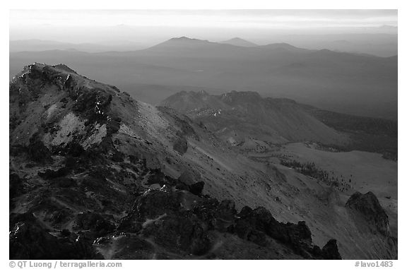 Summit of Lassen Peak with volcanic formations, sunset. Lassen Volcanic National Park (black and white)