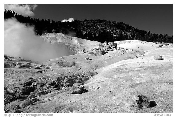 Colorful deposits in Bumpass Hell thermal area. Lassen Volcanic National Park (black and white)