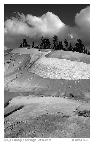 Colorful deposits in Bumpass Hell thermal area, early summer. Lassen Volcanic National Park (black and white)
