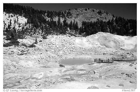 Colorful deposits and turquoise pool in Bumpass Hell thermal area. Lassen Volcanic National Park (black and white)
