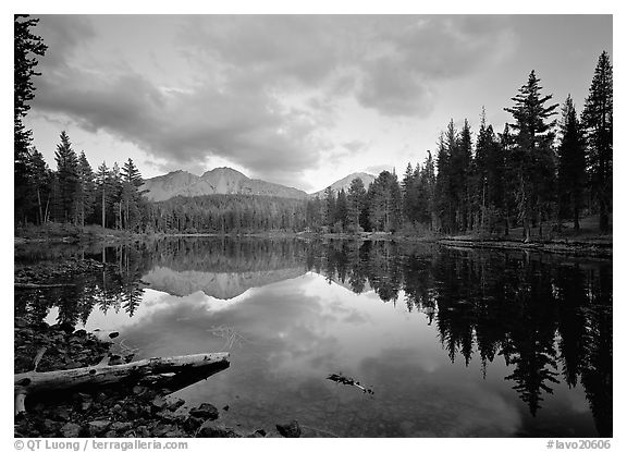 Reflection lake and Chaos Crags, sunset. Lassen Volcanic National Park (black and white)