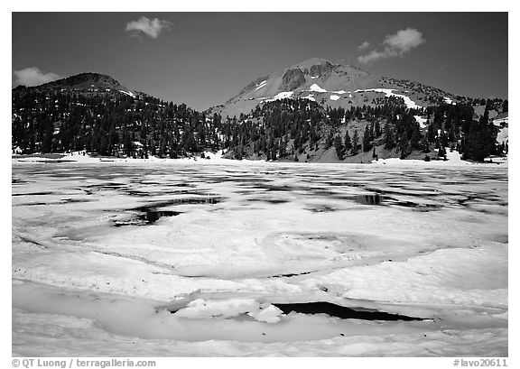 Helen Lake with Ice breaking up, and Lassen Peak. Lassen Volcanic National Park (black and white)