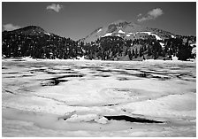 Helen Lake with Ice breaking up, and Lassen Peak. Lassen Volcanic National Park ( black and white)