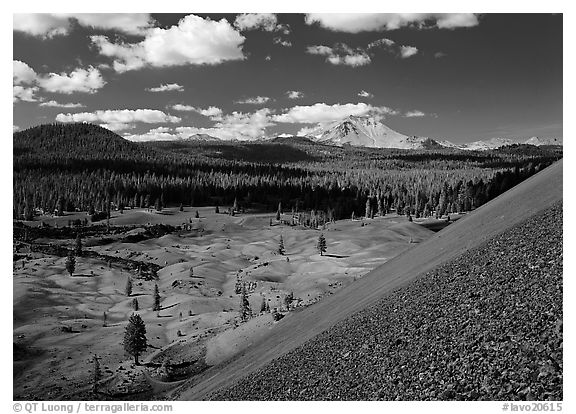 Painted dunes and Lassen Peak seen from Cinder cone slopes. Lassen Volcanic National Park (black and white)