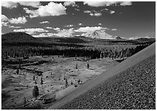 Painted dunes and Lassen Peak seen from Cinder cone slopes. Lassen Volcanic National Park ( black and white)