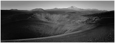 Cinder cone and Lassen Peak at dawn. Lassen Volcanic National Park (Panoramic black and white)
