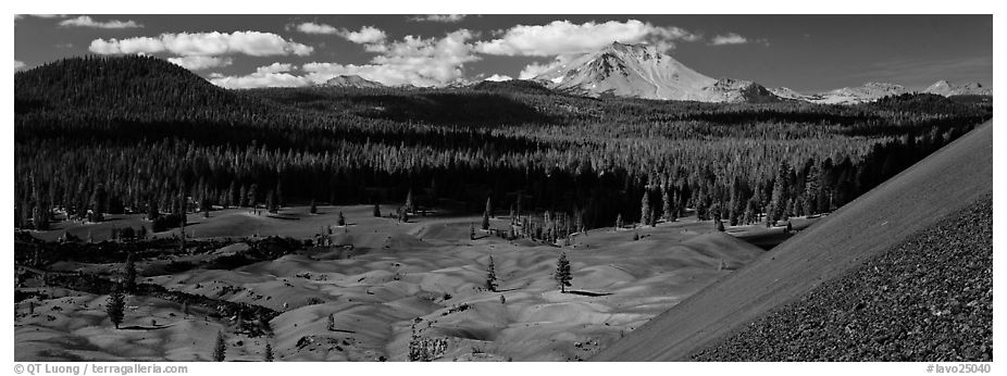 Painted dunes and Lassen Peak from Cinder Cone. Lassen Volcanic National Park (black and white)