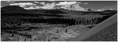 Painted dunes and Lassen Peak from Cinder Cone. Lassen Volcanic National Park (Panoramic black and white)