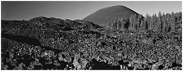 Hardened lava bed and Cinder Cone. Lassen Volcanic National Park (Panoramic black and white)