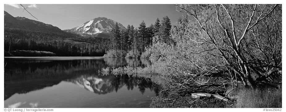 Lassen Peak reflections in the spring. Lassen Volcanic National Park (black and white)