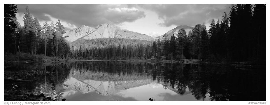 Chaos Crags reflected in lake at sunset. Lassen Volcanic National Park (black and white)