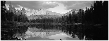 Chaos Crags reflected in lake at sunset. Lassen Volcanic National Park (Panoramic black and white)
