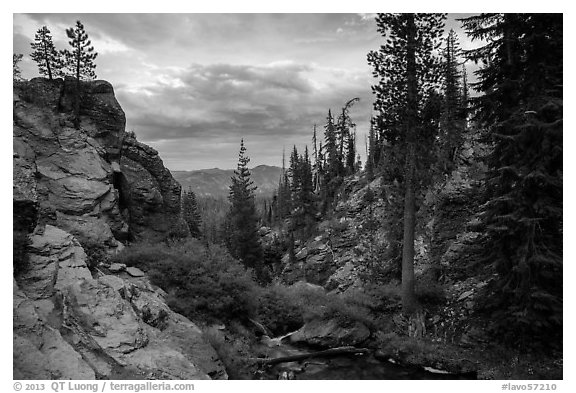 Kings Creek before drop off at sunset. Lassen Volcanic National Park (black and white)