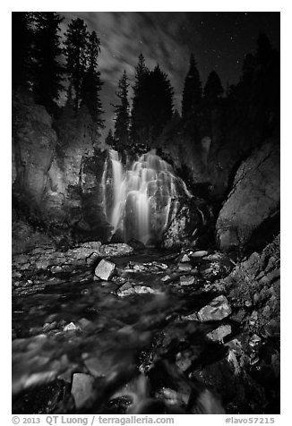 Wide view of Kings Creek Falls and starry sky. Lassen Volcanic National Park (black and white)