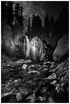 Wide view of Kings Creek Falls and starry sky. Lassen Volcanic National Park ( black and white)