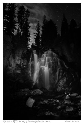 Dimly lit Kings Creek Falls and sky at night. Lassen Volcanic National Park (black and white)