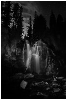 Dimly lit Kings Creek Falls and sky at night. Lassen Volcanic National Park ( black and white)