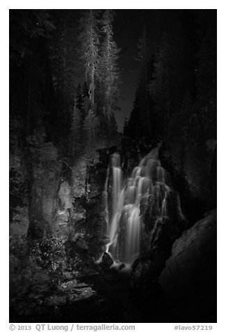 Kings Creek Falls and trees at night. Lassen Volcanic National Park (black and white)