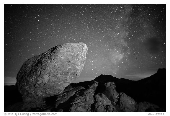 Glacial erratic, Mt Brokeoff, and Milky Way. Lassen Volcanic National Park (black and white)