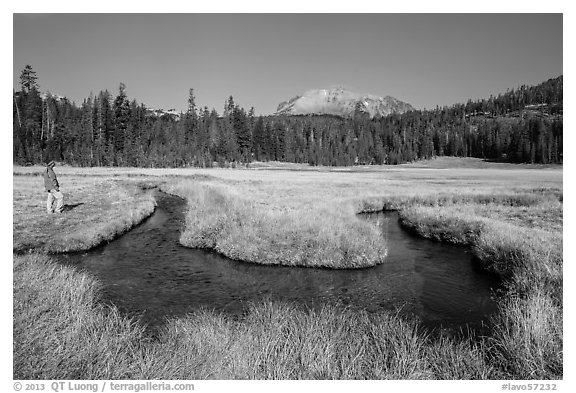 Visitor Looking, Upper Meadow and Lassen Peak. Lassen Volcanic National Park (black and white)