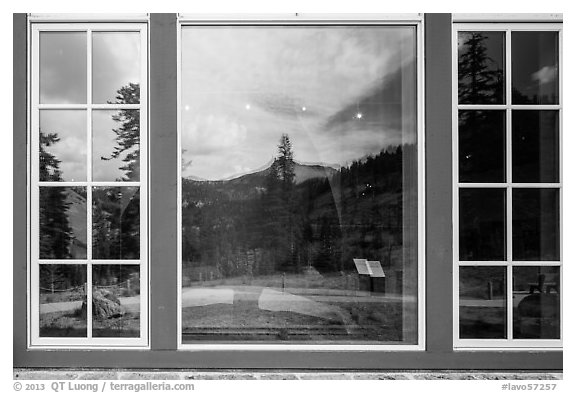 Forest and Peaks, Visitor Center window reflexion. Lassen Volcanic National Park (black and white)