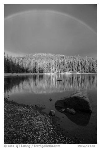 Rainbow and boulder, Juniper Lake. Lassen Volcanic National Park (black and white)