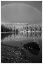 Rainbow and boulder, Juniper Lake. Lassen Volcanic National Park ( black and white)
