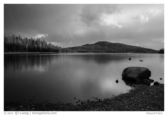 Raindrops in Juniper Lake. Lassen Volcanic National Park (black and white)