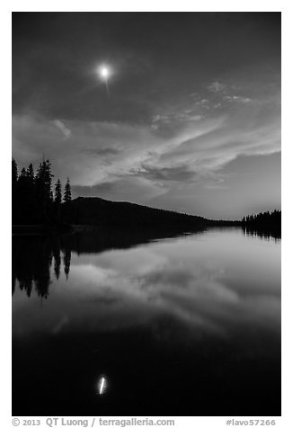 Moon and reflection at dusk, Juniper Lake. Lassen Volcanic National Park (black and white)