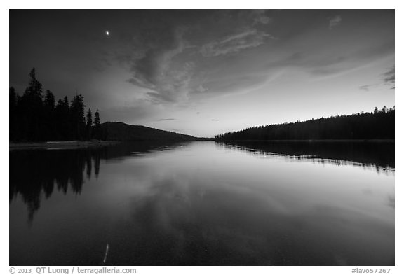 Moon and reflection, Juniper Lake. Lassen Volcanic National Park (black and white)