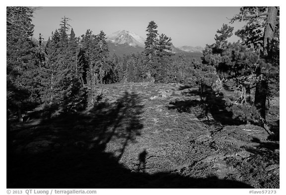Lassen Peak from Inspiration Point with photographer shadow. Lassen Volcanic National Park (black and white)