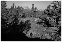 Lassen Peak from Inspiration Point with photographer shadow. Lassen Volcanic National Park ( black and white)