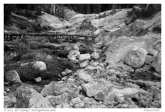Sulfur deposits next to Hot Springs Creek. Lassen Volcanic National Park (black and white)