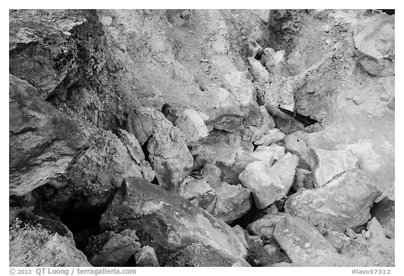 Close-up of rocks with red and yellow deposits, Devils Kitchen. Lassen Volcanic National Park (black and white)