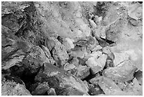 Close-up of rocks with red and yellow deposits, Devils Kitchen. Lassen Volcanic National Park ( black and white)
