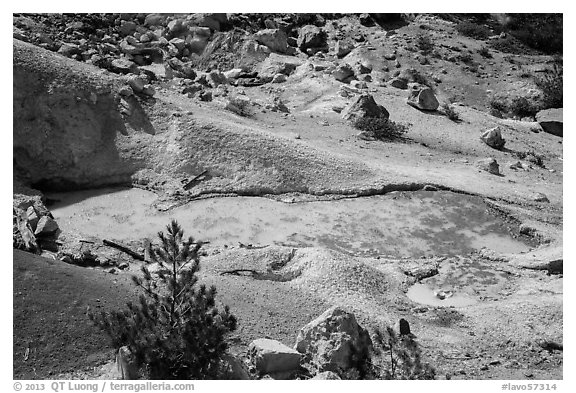 Boiling mud pot and colorful mineral deposits. Lassen Volcanic National Park (black and white)